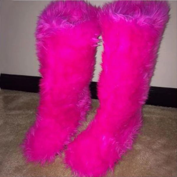 Boots Nouveaux designer Luxury Femmes Fluffy Faux Fur High Tube Snow Boots Long Fur Mongol Bottes de laine mongole Bottes hautes Bottes de la cheville