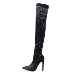 Laarzen Nieuwe Mode Strass Hoge Hak Damessokken Booties Stretch Doek Sexy Over de Knie Laarzen 220913