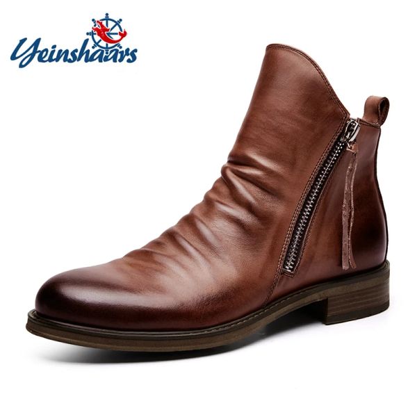 Bottes Nouvelles mode vintage British Men Chaussures en cuir décontractées Toe rond Double Zip Boots Boots printemps Automne Robage Bothsa Boots