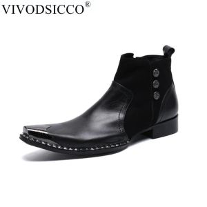 Laarzen nieuwe Italiaanse echte lederen mannen enkel laarzen modemannen kleding laarzen puntige teen comfortabele motorlaarzen zwarte schoenen bota