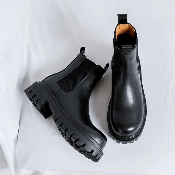 Boots Nouveaux hommes Double plate-forme Chelsea Boots Microfiber Cuir Slip on Ankle Boots Male Mas Maly Casual Shoes Fashion Motorcycle Boots