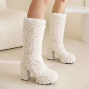 Laarzen nieuw platform harige faux fur dames knie high laarzen winter slip op merkontwerp hoge hakken long laarzen vrouwelijke schoenen plus maat 41 42