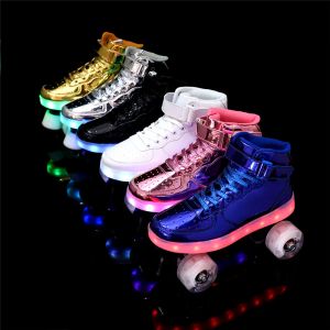 Laarzen nieuwe stijl led oplaadbare 7 kleurrijke lichtgevende dubbele rij 4 wiel rolrol skates patines outdoor mannen dames schoenen