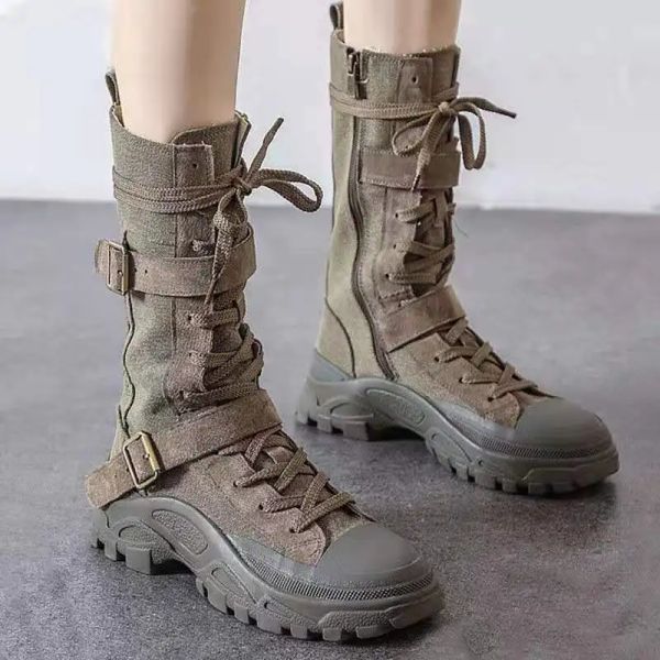 Boots New Style Motorcycle Boots Femme Martin Boots Femme Boots Boots Microfibre Bottes en cuir Boots Midtube Chaussures de laceup