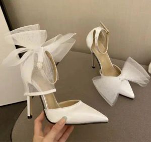 Boots New Tulle Bow Heels Designer Stiletto High Heels Femmes 2022 Chaussures de mariage en satin rose Bride Ladies Party Prom Chaussures
