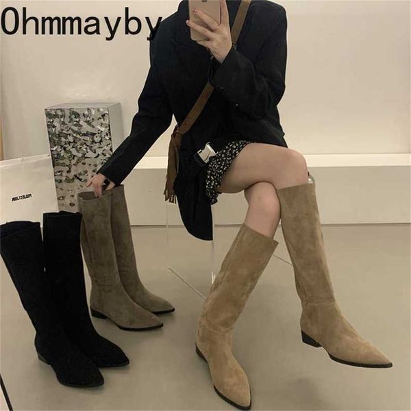 Botas New Western Cowboy Mujeres Bota larga Tacón bajo Señoras Punta puntiaguda Rodilla Zapatos altos Calidad de invierno Gamuza 220929