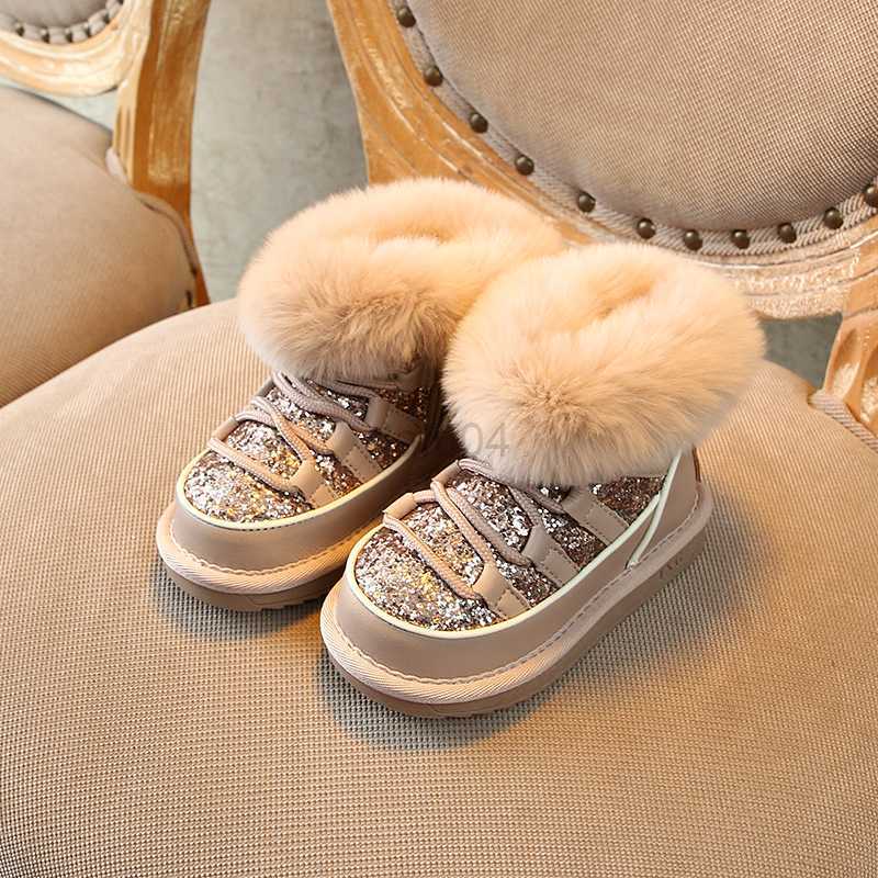 Boots New Winter Fur Warm Toddler Girls Boots Fashion Sequins Princess Snow Boot Kids Boots For Girls Rabbit Hair Children Shoes Brand L0824