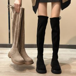 Bottes New Winter Over the Knee Femmes Bottes Stretch Tabrics High Talon Slip on Socle Poighed Toe Woman Boots Long Feminino