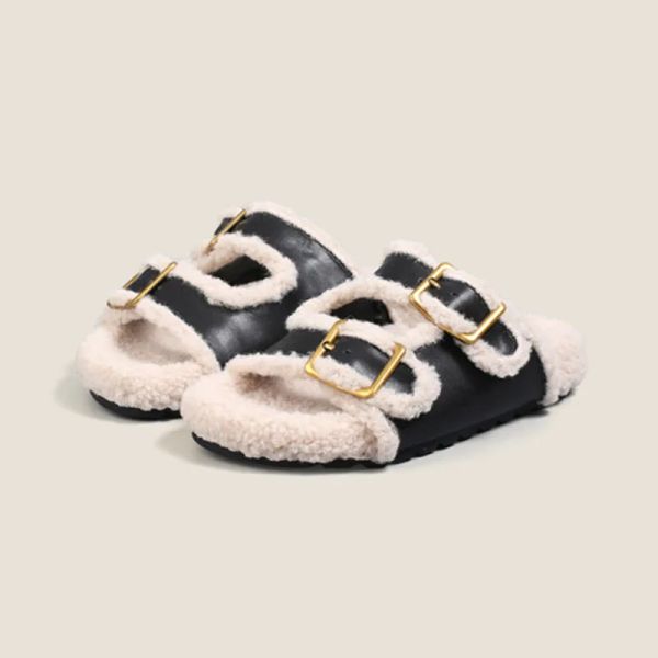 Botas Nuevas peluches de invierno dentro de las mujeres Slipper otoño de moda casual metal pieles artificiales fuera de la casa Slip en toboganes suaves zapato