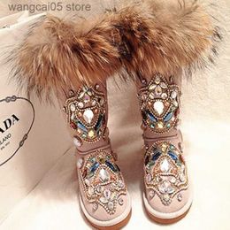 Botas Nuevas botas de nieve de invierno para mujer de piel real con diamantes de imitación hechos a mano cálidos botines planos de cuero genuino zapatos casuales cómodos para mujer T230713