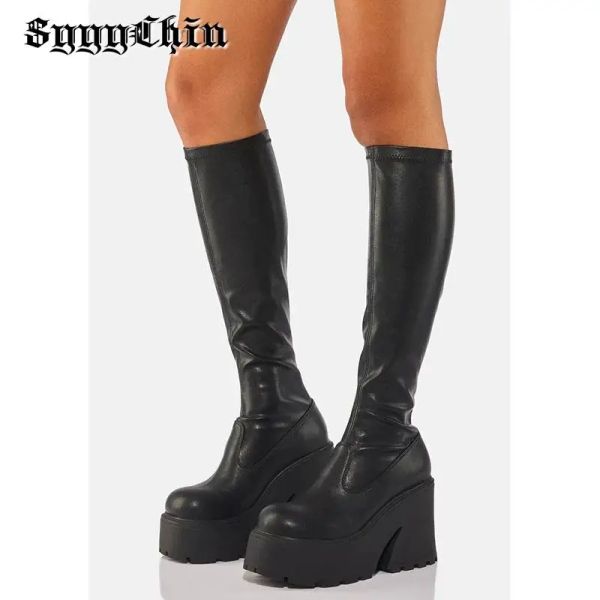 Boots Nouvelles femmes d'hiver Boots Gnee High Chunky Talon Platform Punk Black Ladies Pumps Femme Stretch Sexy Sexy Round Toe Chaussures