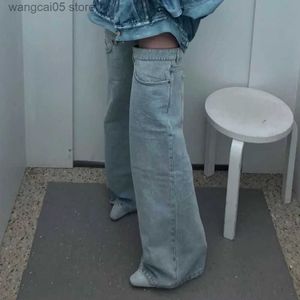 Laarzen Nieuwe Vrouwen Blauw Gewassen Jeans Retro Stijl Knie Hoge Laarzen Vierkante Teen Mode Spice Girl Losse Rechte Casual broek Hoge Schoenen T230713