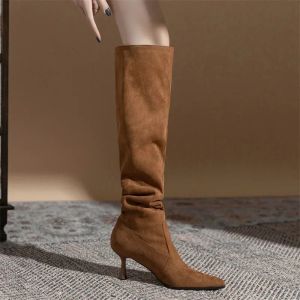 Botas nuevas mujeres de gamuza marrón botas altas damas dedo del pie puntiagudas