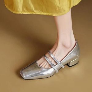 Laarzen nieuwe vrouwen dubbele mary janes schoenen vierkant teen pompen Sliver trouwschoenen midden hakken kleding schoenen vintage zapatos mujer 1252n