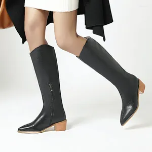 Boots Nice Western Women Pu Leather Knee High Automne Winter Square Low Talon Long Shoes Big Size 34-45