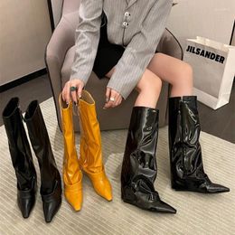 Bottes Niche Internet Celebrity Slope Talons hauts Noir Longueur au genou Pantalon Slim Jambe droite Chevalier pointu pour les femmes