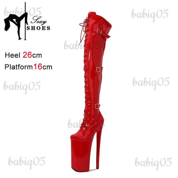 Botas Club nocturno Plataforma gótica Zapatos de mujer Botas de baile de barra 26 cm Alto Sexy Stripper Rojo Sobre la rodilla Tacones altos Tres hebilla de cinturón T231117