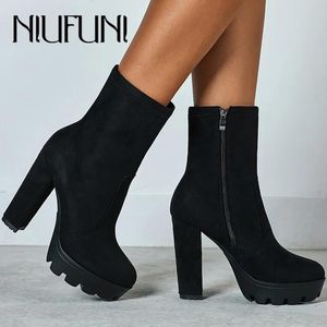 Bottes Niufuni 2021 Femmes Bottines Bottes Automne Round Toe Platform Boots Fashion Black Suede High Heel Shoes Botas Mujer