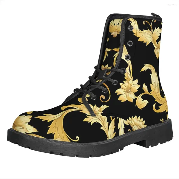 Boots Noisydesigns pour femmes chaussures cheville 2024 automne britannique pu cuir en cuir doré doré baroque floral dames courte moto