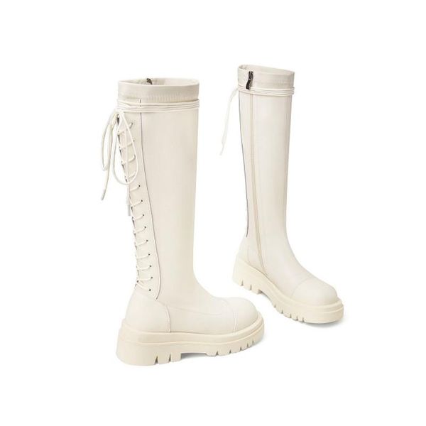 Bottes Ochanmeb Chic Retour à lacets Conteaux cross-up-up Conteaux Goth Moto Femmes Beige Bourgogne Noir Plateforme Chunky Long Shoe