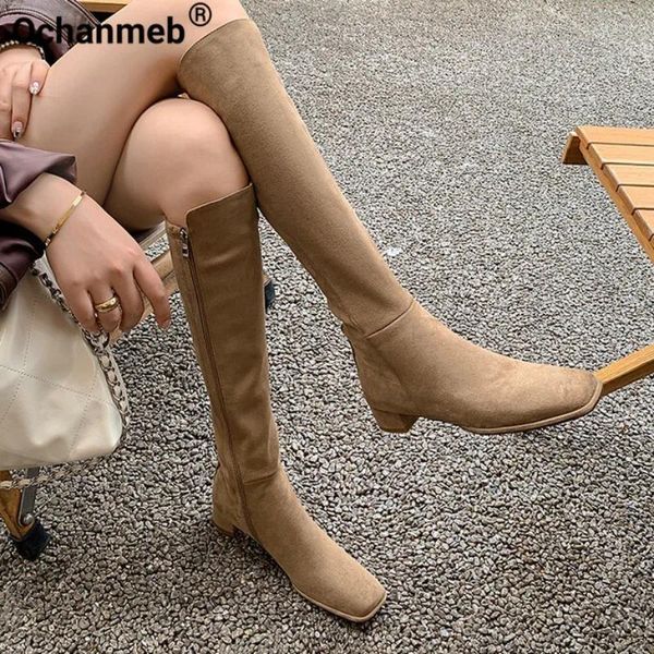 Bottes Ochanmeb faux daim-galent-hauteur pour les femmes carrées basses côté zipper stretch botter orteil dame chaussures nude automne hiver