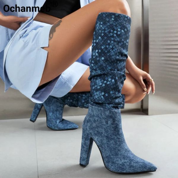 Boots Ochanmeb Sexy Highheels plissés genoues bottes Femmes Pointy Toe Blue Jeans Denim Long Boot femme Grande taille 46 47 Chaussures Hiver