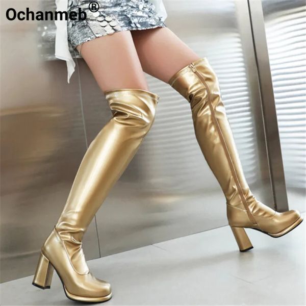 Bottes Ochanmeb Taille 3248 Femmes Golden Coucs Bottes hautes Full Full Highheel Highheed Toe Toe Silver Overknees Boots Red White Chaussures