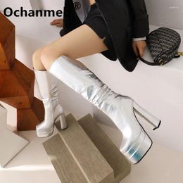 Laarzen Ochanmeb maat 33-43 vrouwen zilveren kniehighs geplooide trendy dikke dikke ultrahoge hakken dikke platforms zipper lange winter