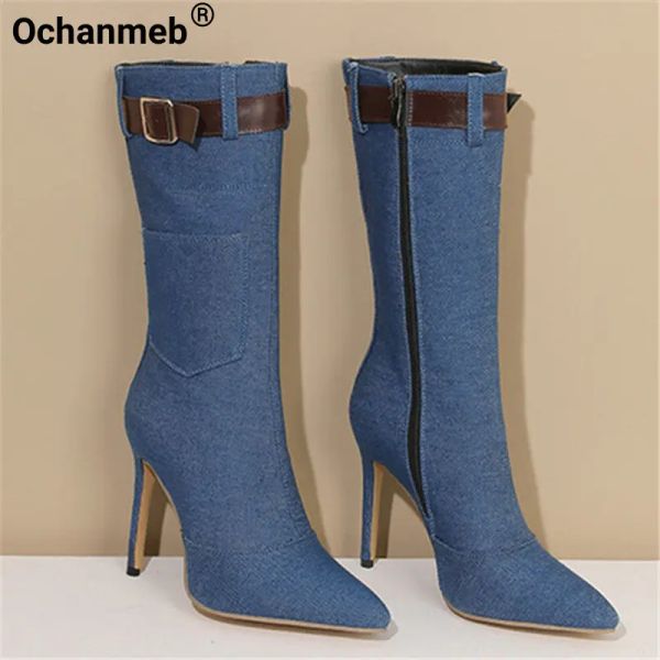 Bottes Ochanmeb Stiletto talons femmes jeans denim bottes avec bouteille de glissière de poche latérale Lady Thin Highheed Boot Big Size 48