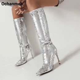Laarzen Ochanmeb Stiletto High Heeled Silver Soundined Doek Kniehigh Boots Women Pointed Toe Zipper Glitter Gold Blue Boots Party Shoes