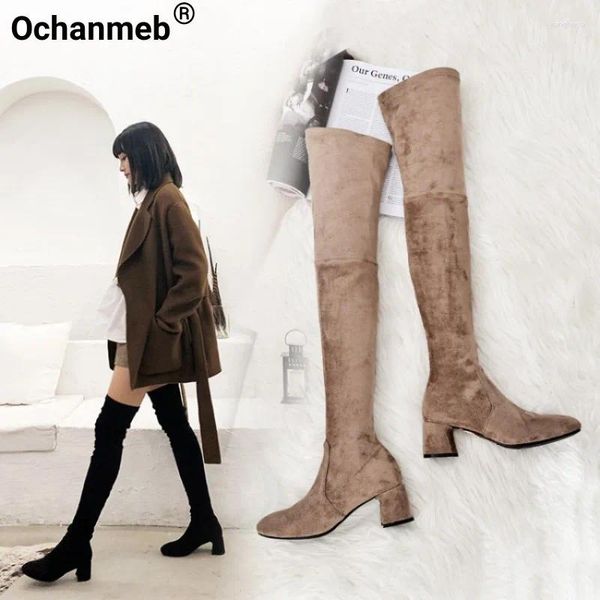 Boots ochanmeb femmes authentique cuir en cuir en cuir en cuir au genou talons slip-on extension en daim botte de cuisse femme hiver nue chaussure 42