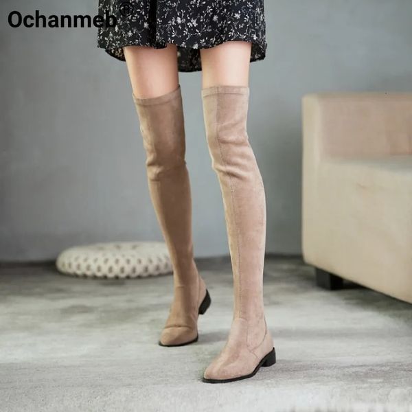 Bottes Ochanmeb Femmes Nude Stretch Daim Overknees Automne Talons Bas Cuisse Haute Slipon Femme Hiver Noir Bout Rond Chaussures 43 231030