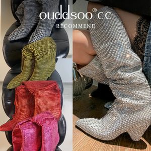 Bottes Ods Sexy Marque De Luxe Bling Argent Cristal Genou Haute Chunky Femmes Designer Empilés Cowboy Bottes Strass Glitter Chaussures 41jc43 231117