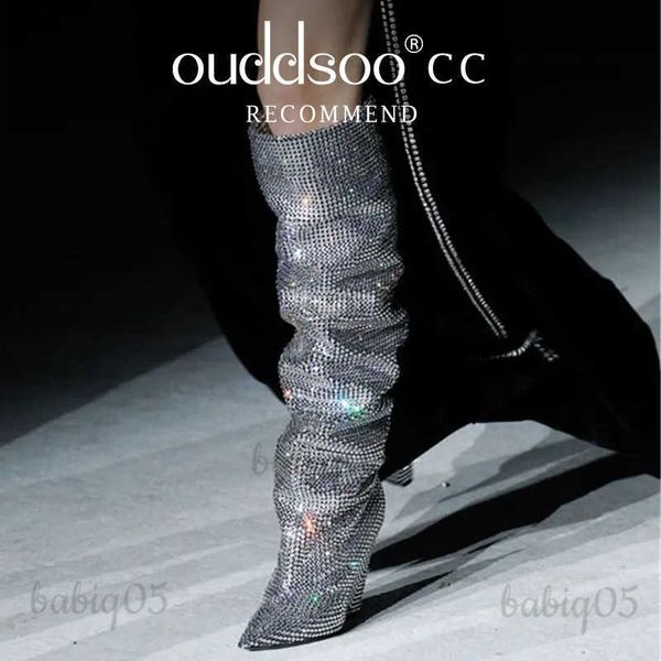 Botas Ods Sexy Brand Luxury Bling Silver Crystal Rodilla Alta Chunky Diseñador para mujer Botas de vaquero apiladas Rhinestone Glitter Zapatos 414243 T231025