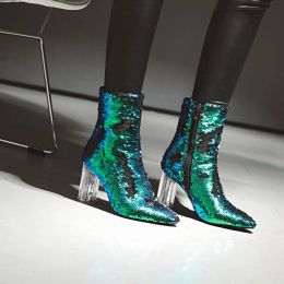 Boots Oeing Womens pointu à odeurs de la cheville Bottes côté fermeture éclair Crystal Crystal Transparent Chaussures à talon Sequins Bling Taille 5Color