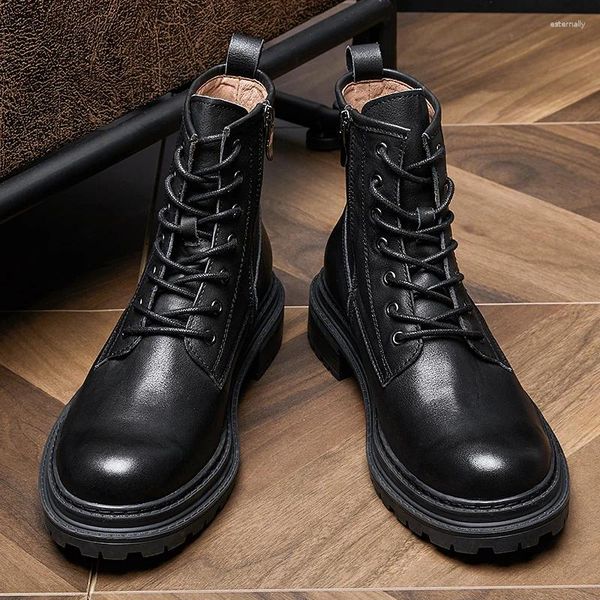 Bottes OH MON DIEU ! Choisissez-MOI !! Chaussures d'hiver en cuir doublées de fourrure pour hommes, à lacets en peau de vache, mi-mollet, travail moto Cool Boy