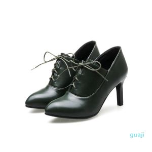 Botas para mujer Punta redonda PU Cuero Tobillo Stilettos Tacón alto Zapatos con cordones Sexy Ladies Plus Size 4Colors