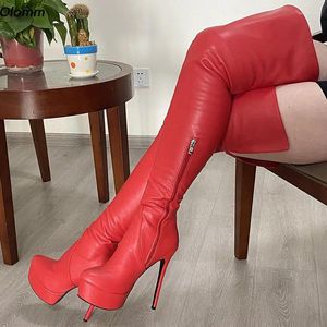 Bottes Olomm Personnaliser Couleur Femmes Hiver Cuisse Unisexe Sexy Talons Aiguilles Bout Rond Jolies Chaussures De Club Rouge Plus Taille Américaine 5-20