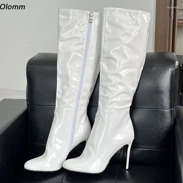 Boots Olomm Femmes faites à la main Hiver Knee High Stiletto Talons Round Toe Beautiful White Casual Shoes Ladies Plus US SIZE 5-20