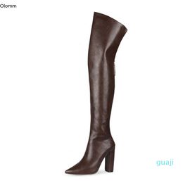 Botas Olomm de alta calidad para mujer, tacones cuadrados de invierno hasta el muslo, punta estrecha, hermosos zapatos de fiesta en 4 colores, tallas de EE. UU. 4-13