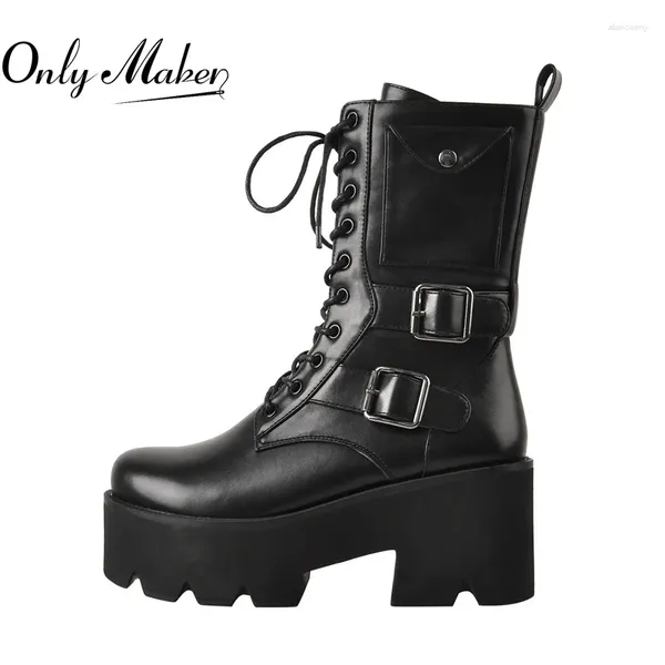 Botas Onlymaker Punta redonda Tacones altos gruesos para mujer Plataforma negra mate con cordones Botines de tobillo Hebilla Bolsillo lateral Cremallera Tamaño grande