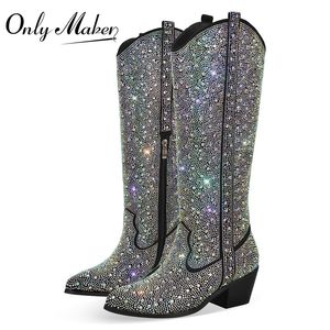 Bottes Onlymaker femmes noir bottes hautes Western Cowboy chaussons clair paillettes Bling brillant bout pointu bloc talon bottes 230719