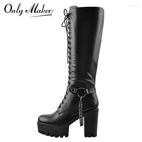 Botas Onlymaker Mujeres Negro Mate Plataforma Frente Cordones Lado Cremallera Rodilla Alta Señora Moda Clásico Tamaño Grande Invierno