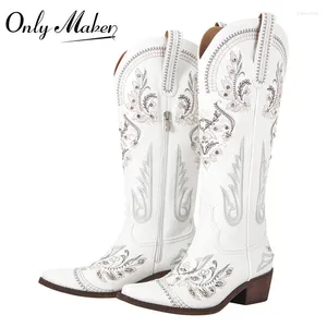 Laarzen Onlymaker Vrouwen geborduurd White Western Cowboy Block Heel Pull-on Pointed Toe Crystal Cowgirl Booties