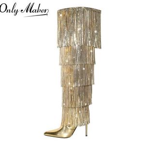 Laarzen Onlymaker Women richtten Toe Gold Fringe Metallic Slim Over The Knie Boots Stiletto Sexy Dhing Thigh Bootsl2401