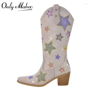 Onlymaker Femmes Strass Mi-mollet Paillettes Bling Brillant Western Bout Pointu Bloc Talon Pull-On Cowgirl Bottines