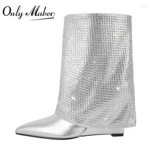 Botas Onlymaker Mujeres Astilla Pliegue sobre botines de diamantes de imitación Tacón puntiagudo Tacón grueso Vestido de fiesta alto Lady