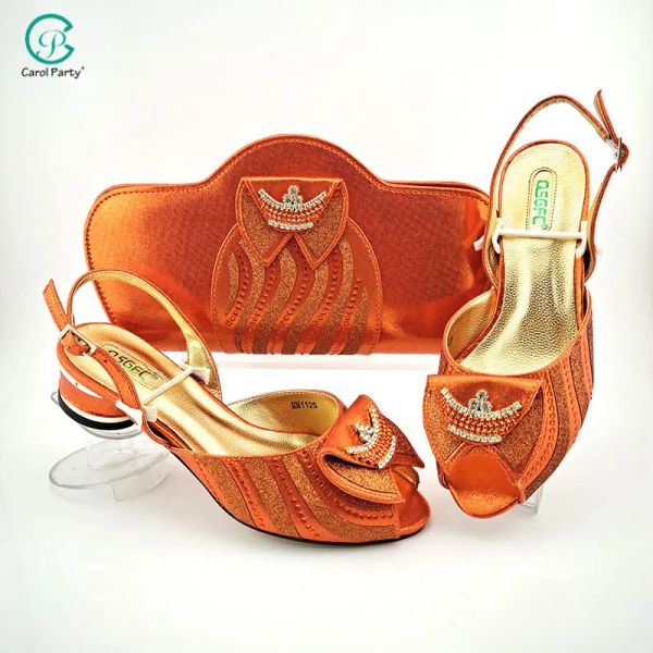 Botas zapatos de color naranja y bolso a juego para la fiesta zapatos de damas africanas y bolso de diseño italiano zapatos de boda y bolso