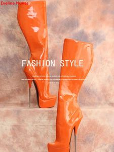 Laarzen oranje platform sexy mid dames solide patent lederen metaal stiletto super hiel puntige teen mode zijkant zipper 36-44 maat