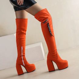 Boots Orange Purple Navy Blue Platform Overwinnes Sexy Block High Heeled Dames Winterschoenen Plus Maat 3448 over de knie -stretchlaarzen